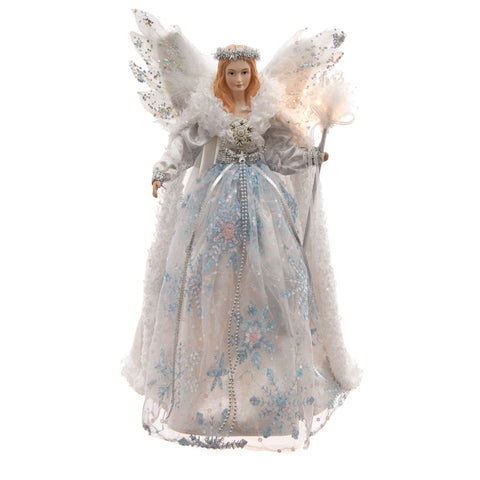 16" Lit Angel In Silver With Blue Snowflakes Dress Tree Topper