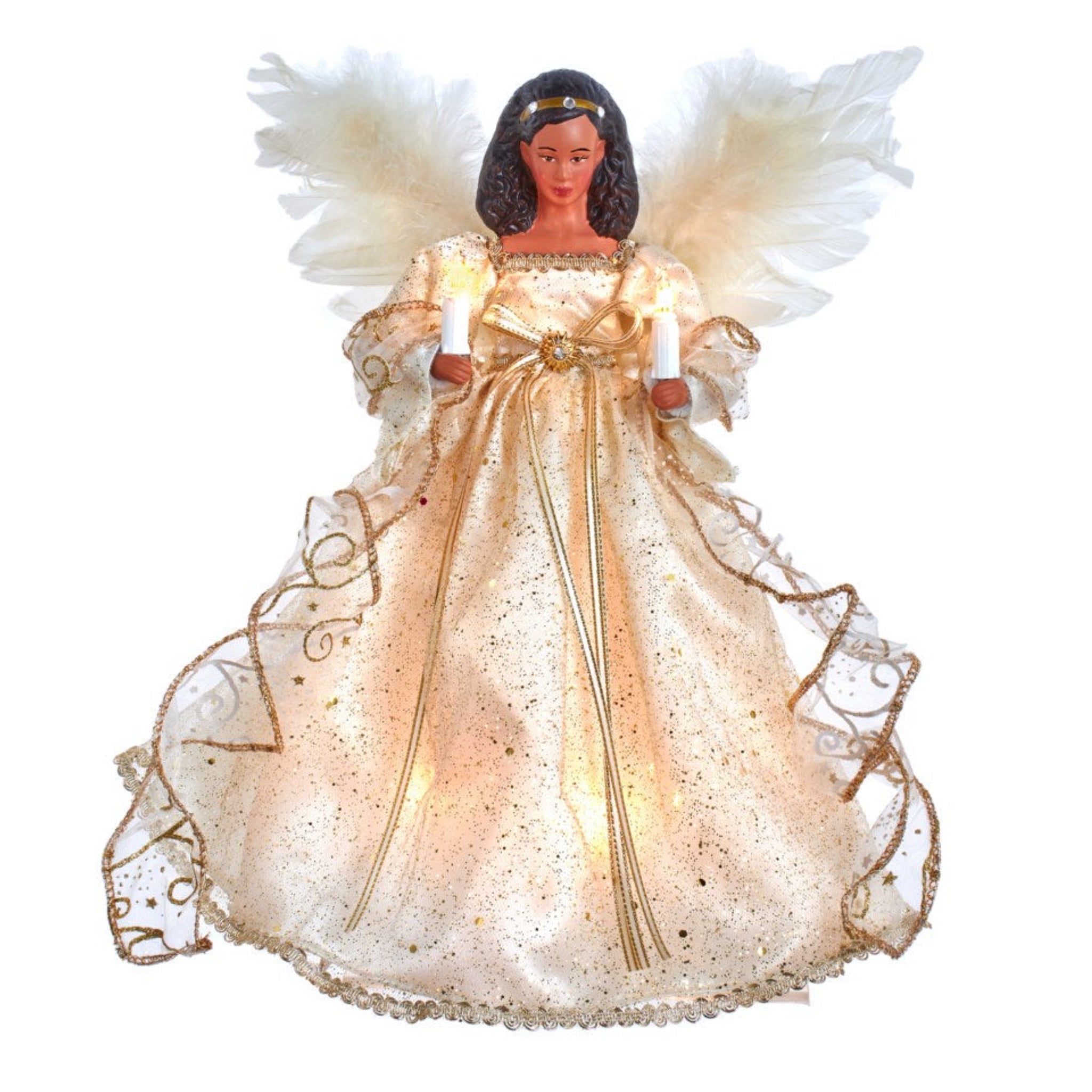 12" Lit African Angel In Ivory And Gold Dress Tree Topper