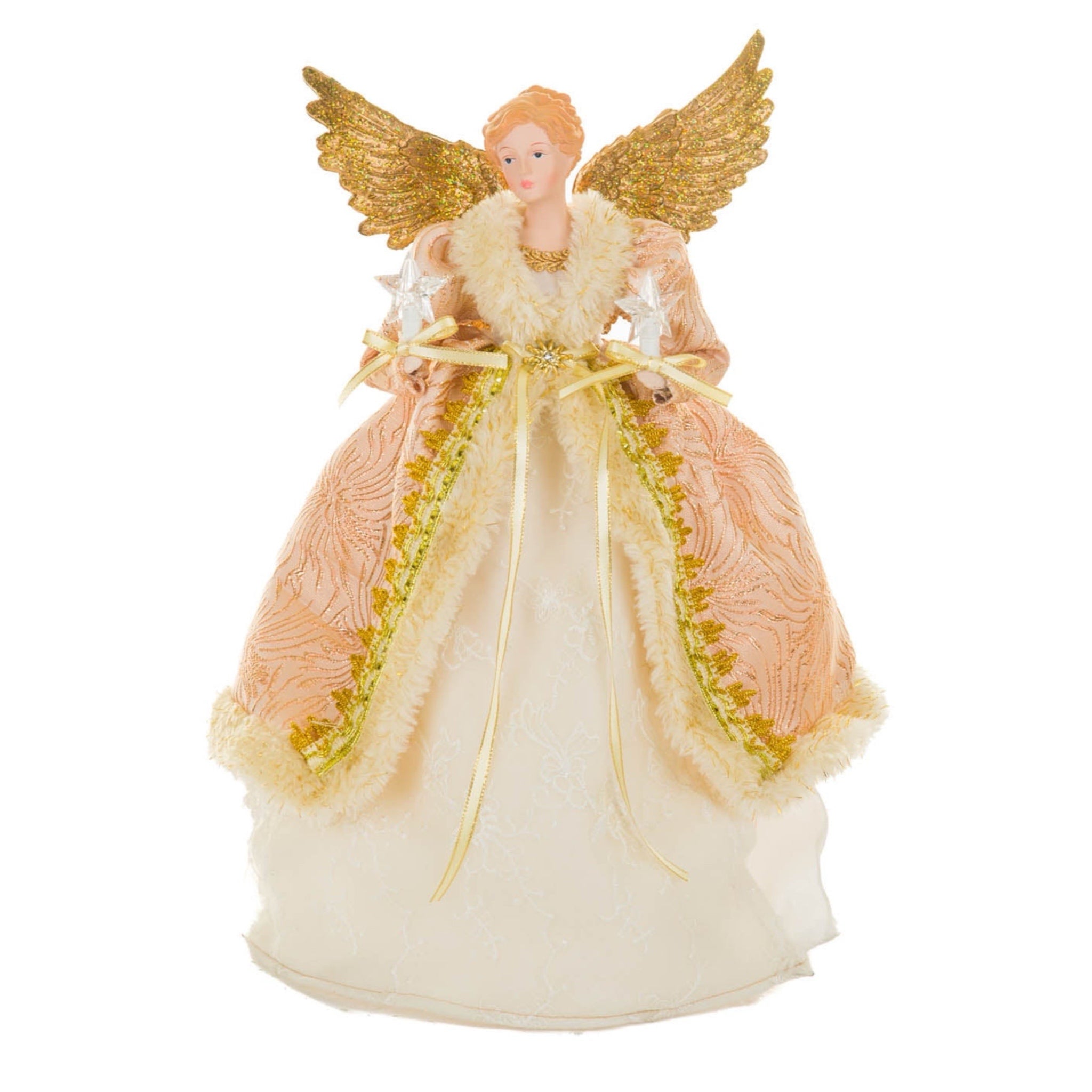 15" Lit Angel With Gold Wings In Pink And Ivory Dress Tree Topper