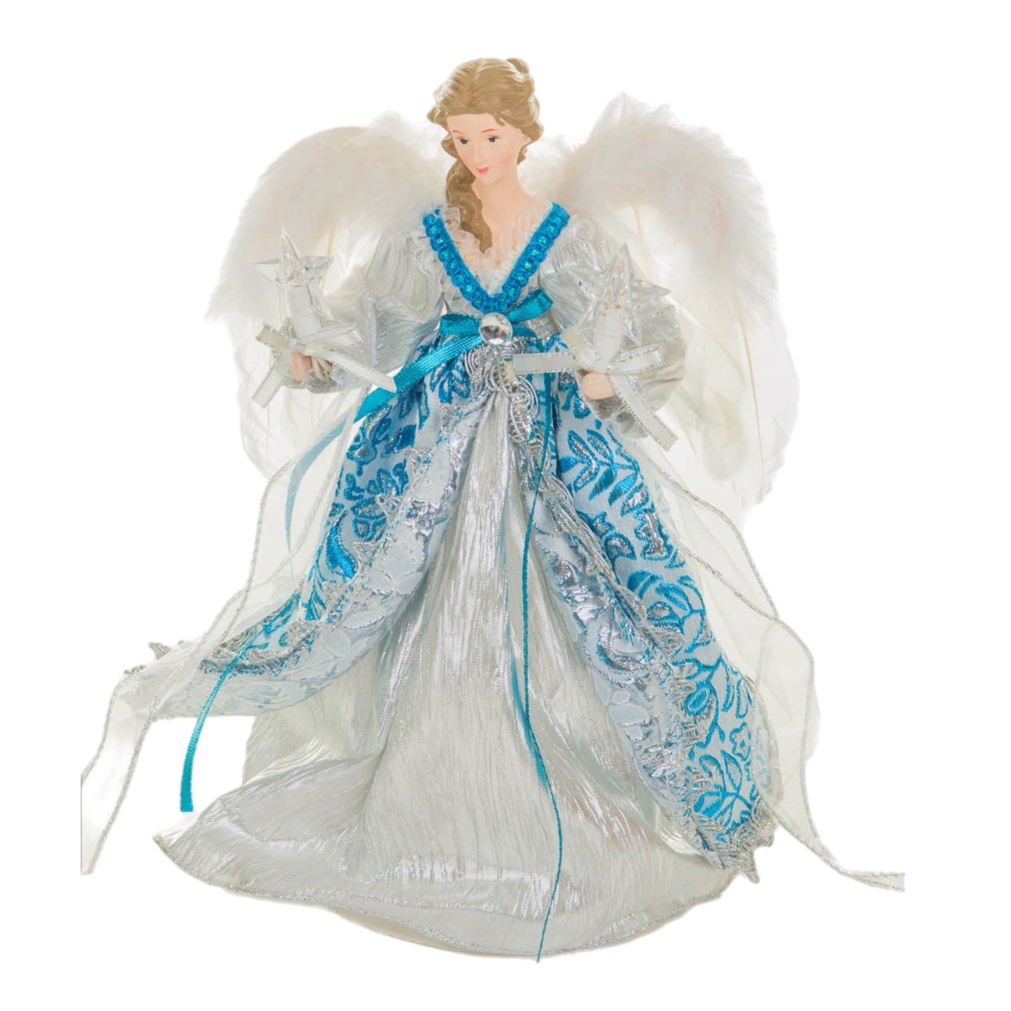 15" Lit Angel In Silver And Blue Dress Tree Topper