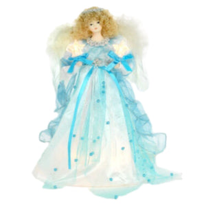 15" Lit Angel In White And Teal Dress Tree Topper