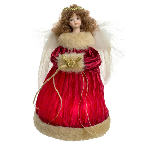 9" Lit Angel Holding Muff In Red Dress Tree Topper