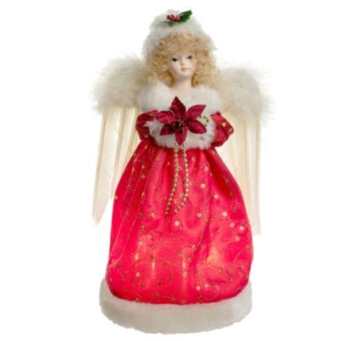 9.5" Lit Angel Holding Poinsettia In Red Dress Tree Topper