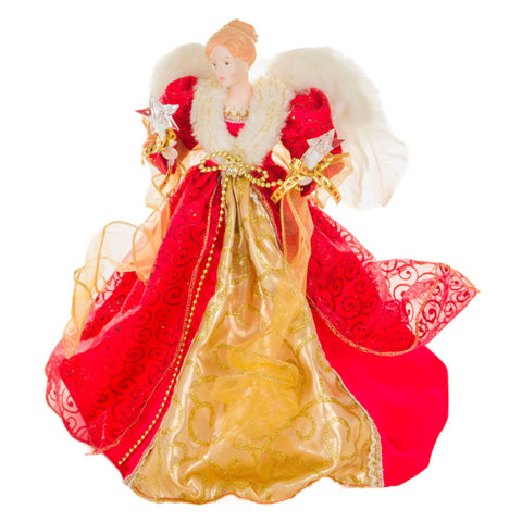 15" Lit Angel In Red And Gold Glitter Dress Tree Topper