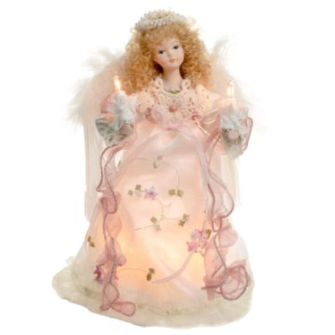 10" Lit Angel In Cream And Rose Flower Dress Tree Topper