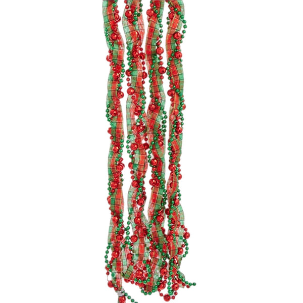9' Red, Green & Tartan Twisted Beaded Garland