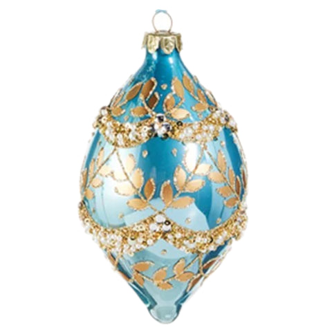 Gold Leaf & Swag Clear Blue Teardrop Ball