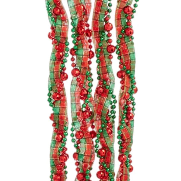 9' Red, Green & Tartan Twisted Beaded Garland