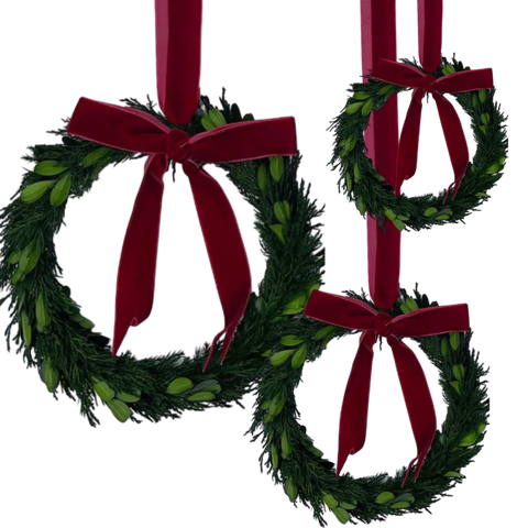 Assorted Boxwood Wreath With Burgundy Ribbon, INDIVIDUALLY SOLD