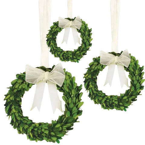 Assorted 9" Boxwood Wreath With Cream Ribbon, INDIVIDUALLY SOLD