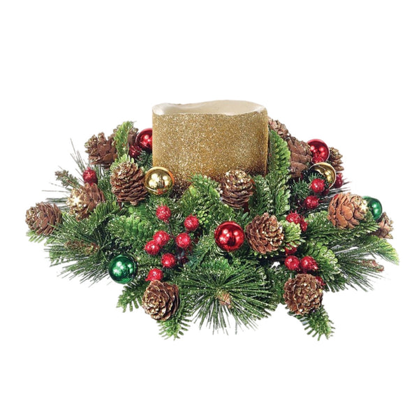 9" Glitter Pine Pillar Candle Ring