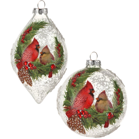 Assorted Cardinals In Pine Wreath Ball, INDIVIDUALLY SOLD