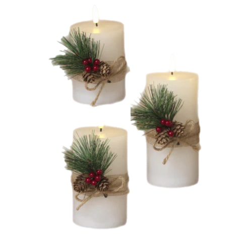 Assorted 2" X 6" Berries And Pinecone Pillar Flameless Candle, INDIVIDUALLY SOLD