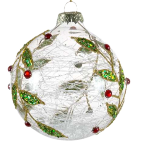 Assorted Spun Glass Interior Holly Ball, INDIVIDUALLY SOLD