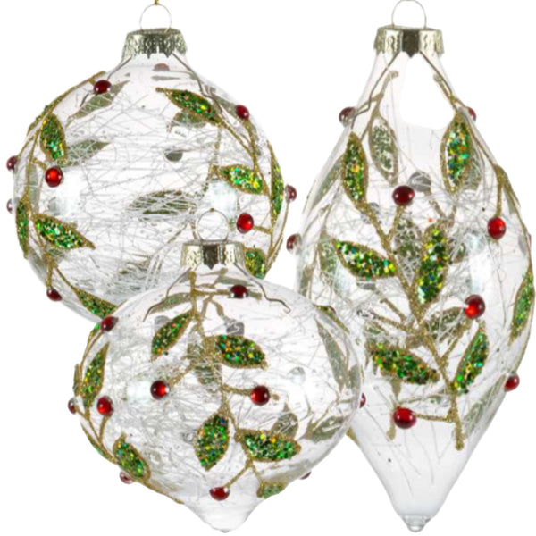 Assorted Spun Glass Interior Holly Ball, INDIVIDUALLY SOLD