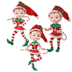 Assorted 5" Elf With Candy Cane Ornament, INDIVIDUALLY SOLD