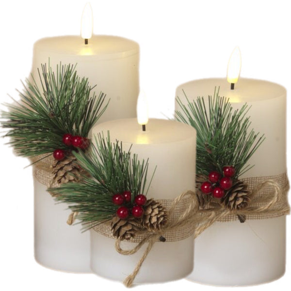 Assorted Berry & Pinecone Pillar Flameless Candle, INDIVIDUALLY SOLD