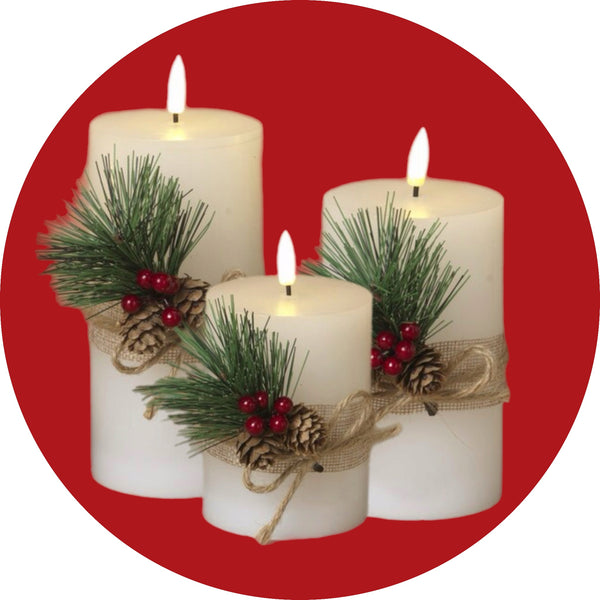 Assorted Berry & Pinecone Pillar Flameless Candle, INDIVIDUALLY SOLD