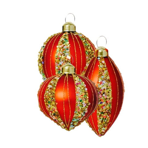 Assorted Red With Sequin Stripes Ball, INDIVIDUALLY SOLD