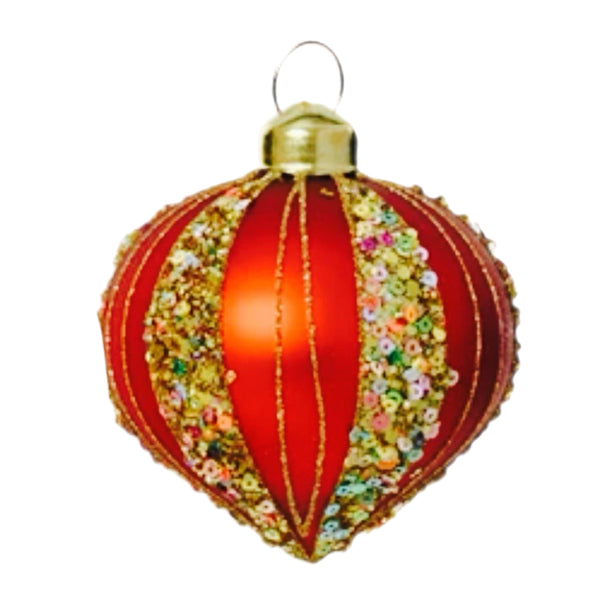 Assorted Red With Sequin Stripes Ball, INDIVIDUALLY SOLD