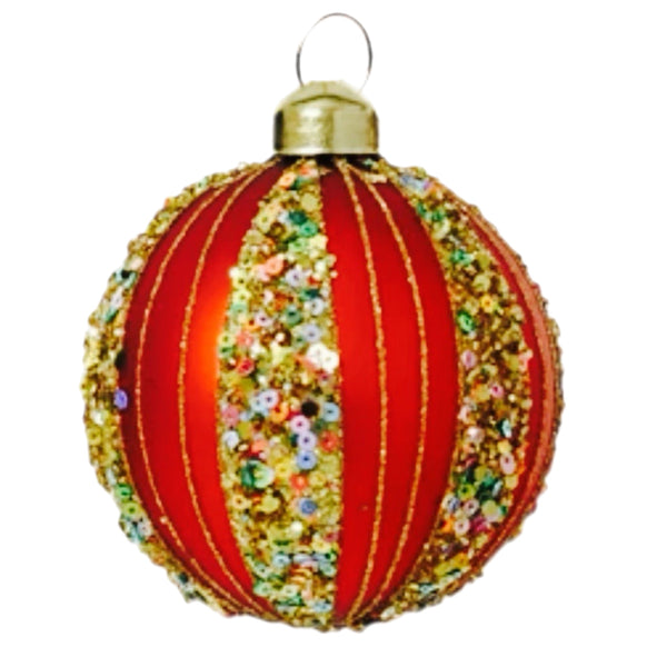 Assorted Red With Sequin Stripes Ball, INDIVIDUALLY SOLD