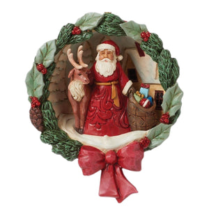 Santa And Reindeer In Wreath Ornament