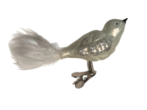 Matte White And Silver Clip On Bird Ornament