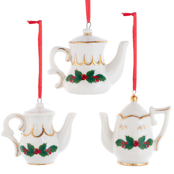 Assorted Holly Tea Pot Ornament, INDIVIDUALLY SOLD