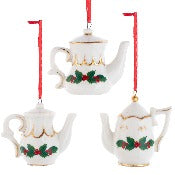 Assorted Holly Tea Pot Ornament, INDIVIDUALLY SOLD
