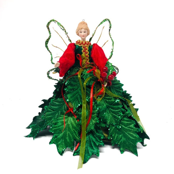 10" Non Lit Angel In Holly Leaf Dress Tree Topper