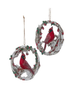 Assorted Cardinal On Birch Wreath Ornament, INDIVIDUALLY SOLD