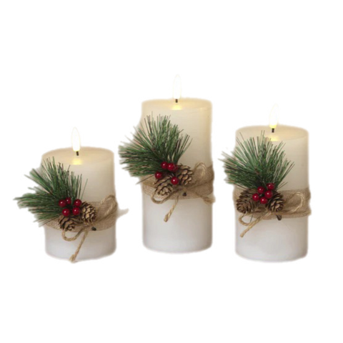 Assorted 2" X 6" Berries And Pinecone Pillar Flameless Candle, INDIVIDUALLY SOLD