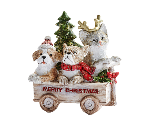 Dogs And Cat In Wagon Figurine