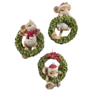 Assorted Mouse In Wreath Ornament, INDIVIDUALLY SOLD