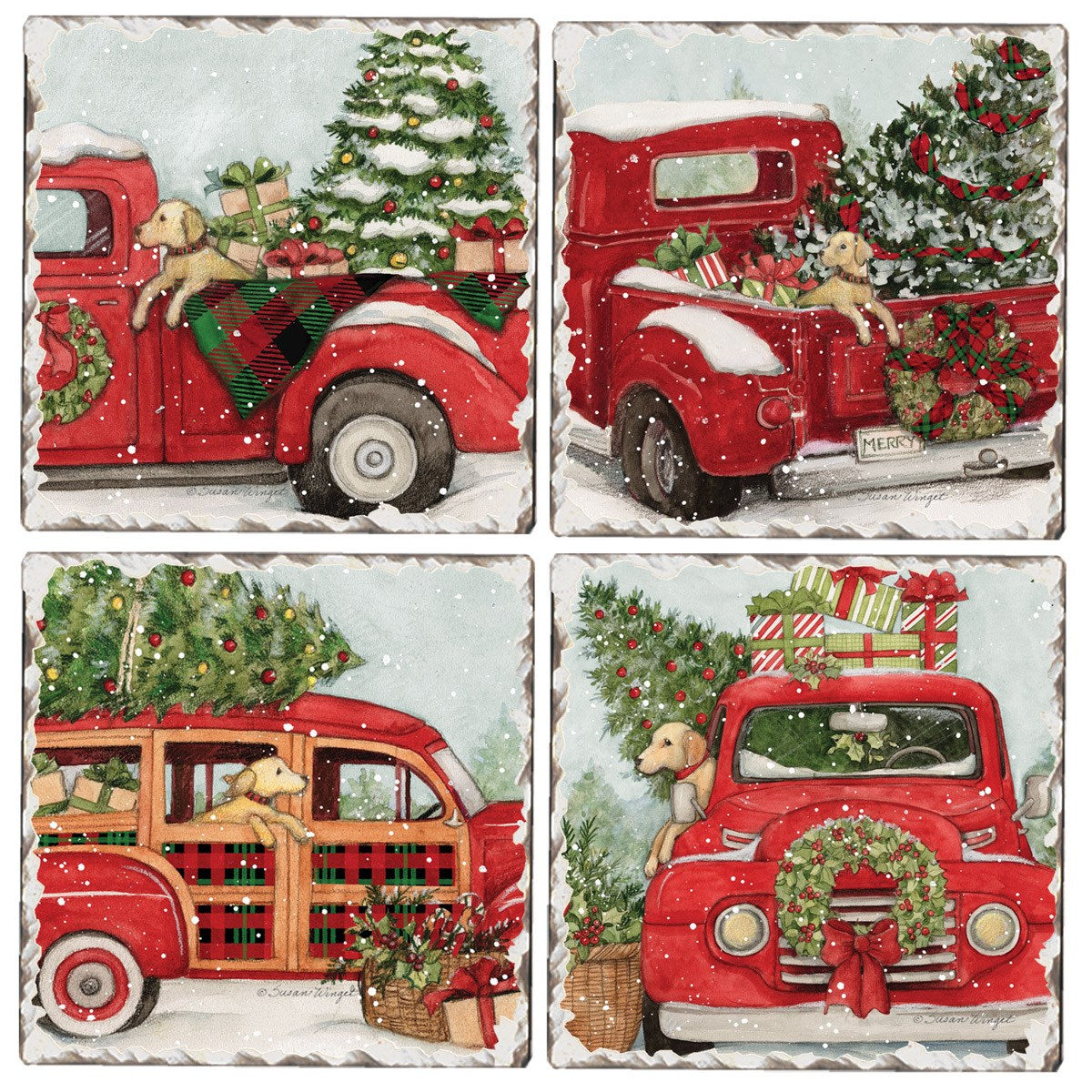 Assorted Red Truck Holiday Coaster Set Of 4