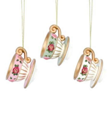 Assorted Tea Cup With Roses Ornament, INDIVIDUALLY SOLD