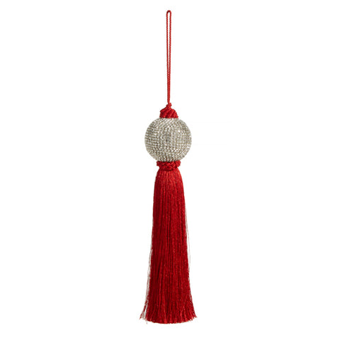 10" Large Red Tassel With Silver Ball Ornament