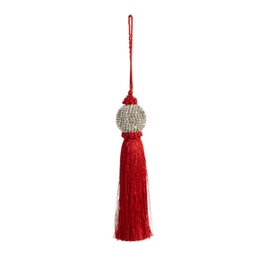 8" Small Red Tassel With Silver Ball Ornament