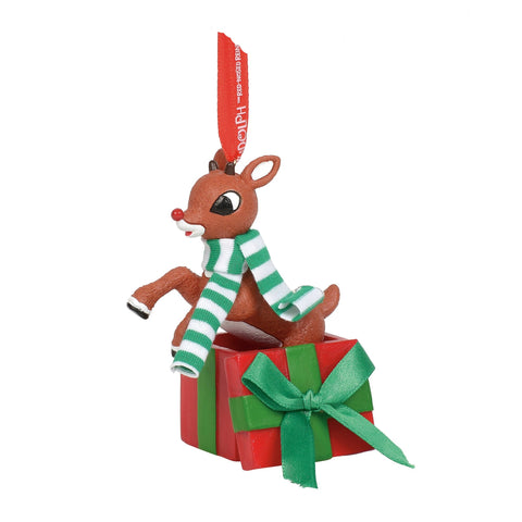 Rudolph Jumping Out Of Gift Ornament