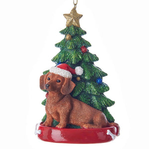 Dog & Tree Ornament: Caramel Dachshund