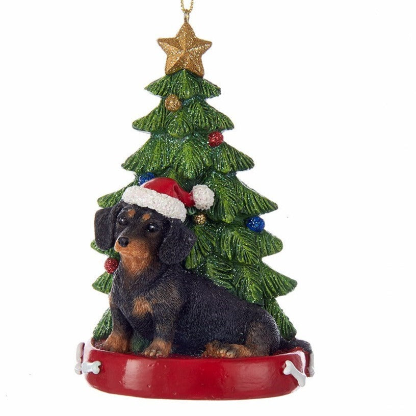 Dog & Tree Ornament: Black Dachshund