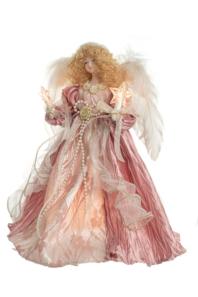12" Lit Angel In Rose Dress Tree Topper