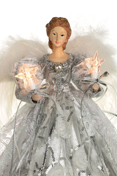 14" Lit Angel In Silver Dress Tree Topper