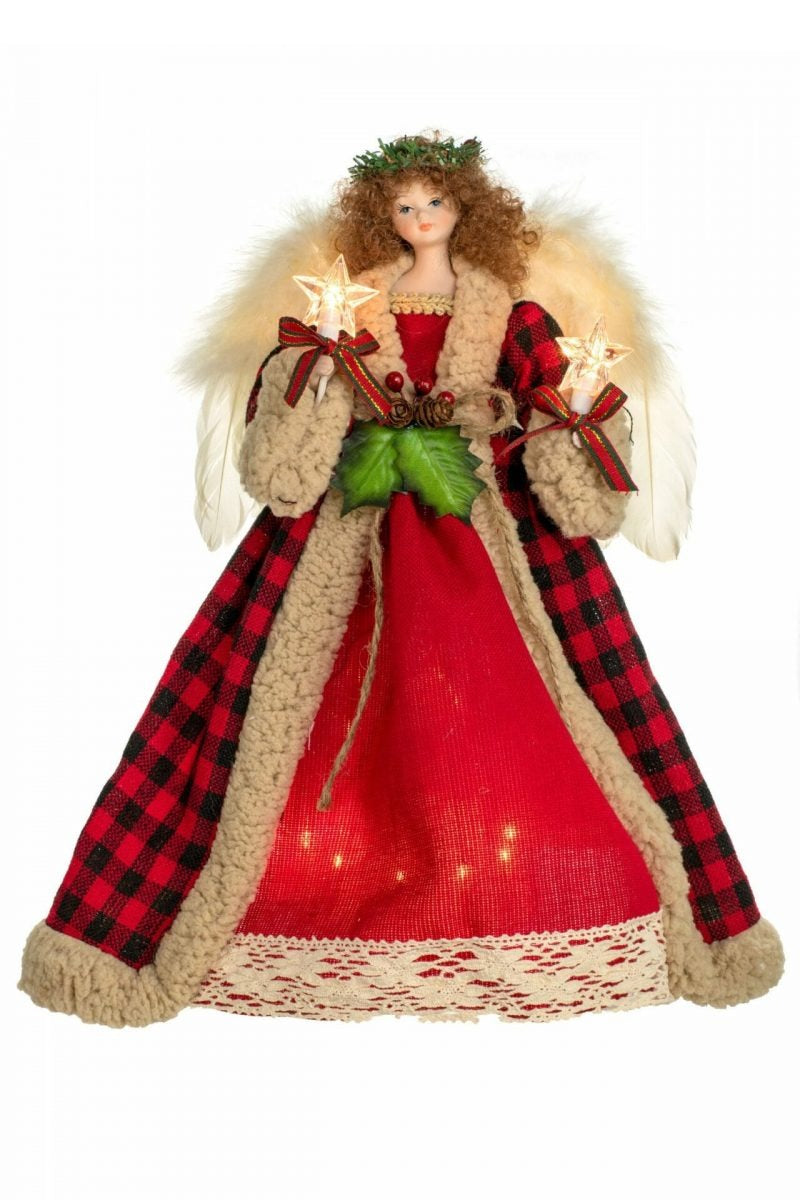 14" Lit Angel In Checkered Dress Tree Topper