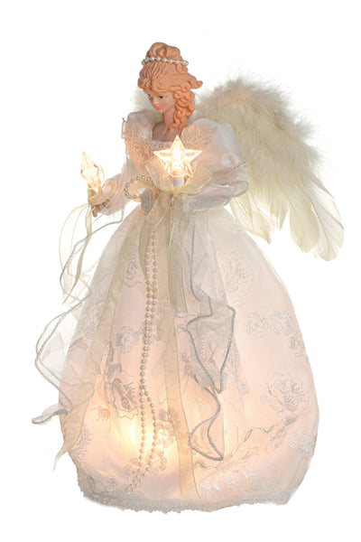 14" Lit Angel In Silver And White Dress Tree Topper