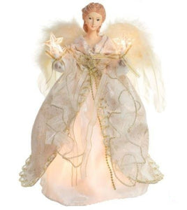 12" Lit  Angel In Cream And Gold Dress Tree Topper