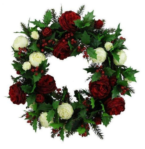 24" Red And White Rose Holly Wreath