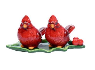 Cardinals On Holly Leaf Dish Salt & Pepper, Set Of 3