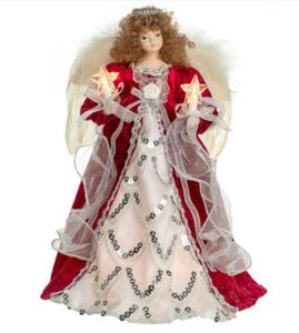 14" Lit Angel In Burgundy And Gold Dress Tree Topper