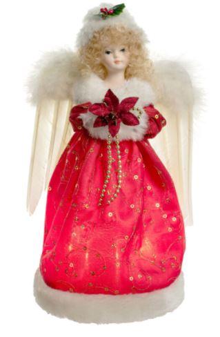 9.5" Lit Angel In Red Dress Tree Topper